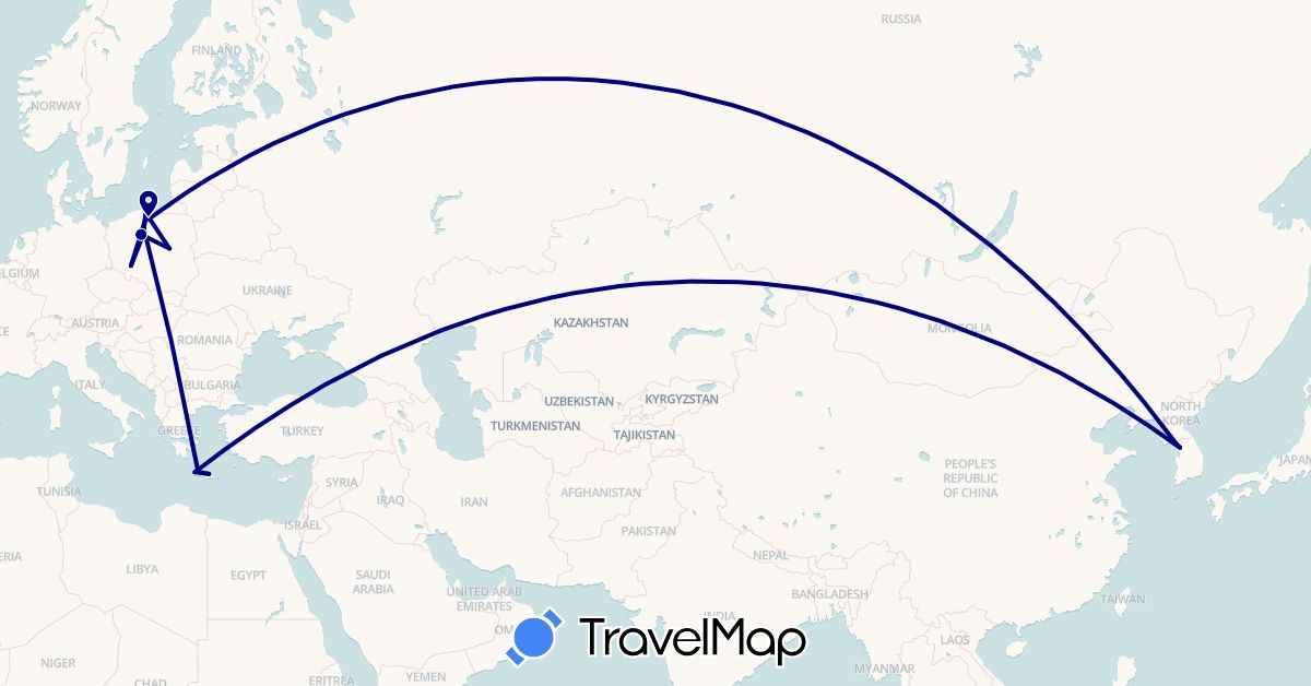 TravelMap itinerary: driving in Greece, North Korea, South Korea, Poland (Asia, Europe)